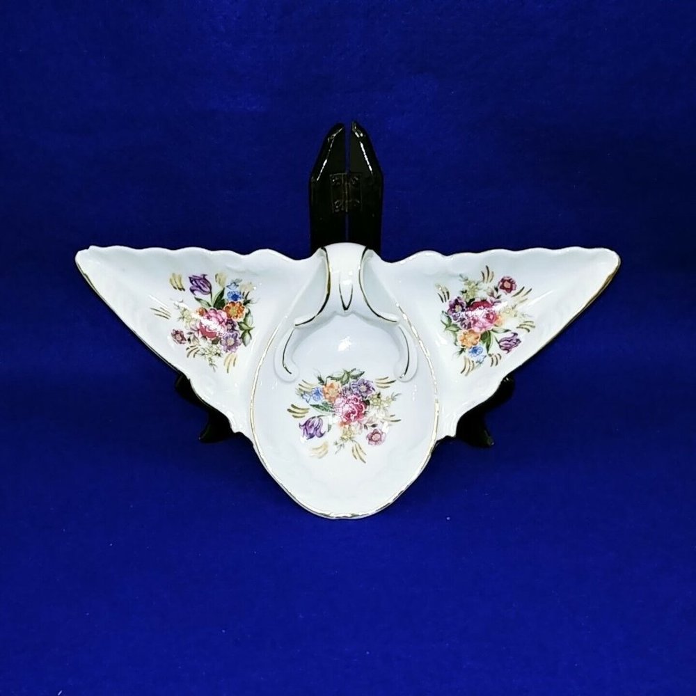 Trinket Dish Handled Hand Painted Floral Raised Detailing Gold Trim 3 Sections